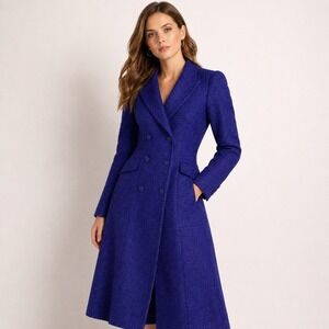 Cerruti 1881 Femme Blue Tweed Long Coat Korean 55 S Double Breasted NWT